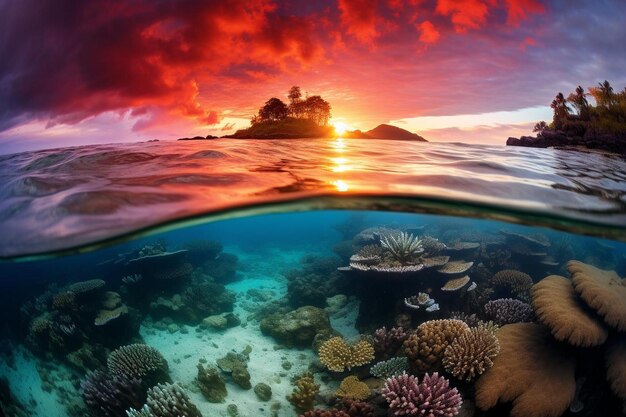 Foto il sole sopra una vibrante barriera corallina