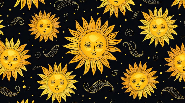 Sun with faces on a black background.