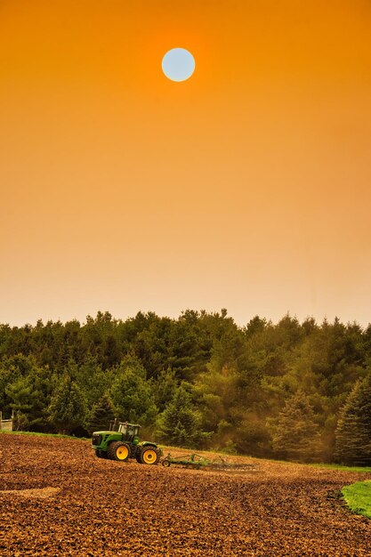 Sun on yellow sky over rural field photo