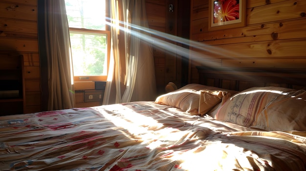 Sunbeam across the bed warmth against cool sheets