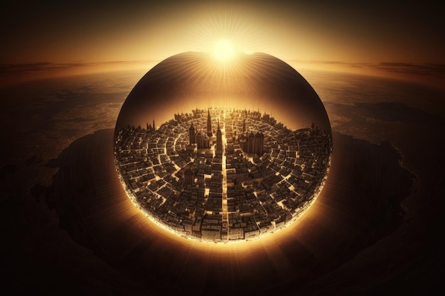 A sunbeam illuminating a single city in the center of the globe