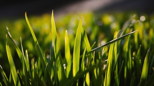 Sunbeams on blades of wet grass