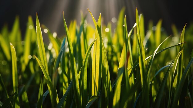 Sunbeams on blades of wet grass