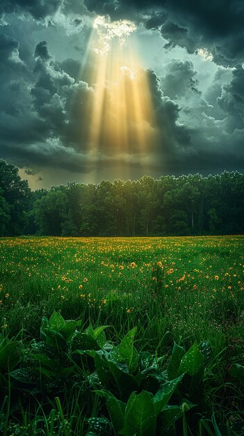 Photo sunbeams breaking through dark clouds after a storm