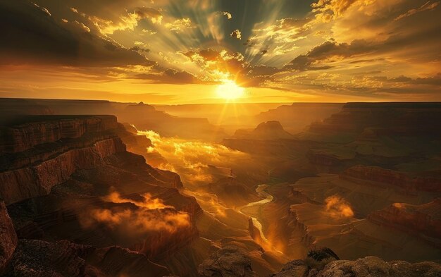 Солнечные лучи танцуют через облака над Гранд-Каньоном, подчеркивая извилистую реку внизу. Золотой час придает волшебное качество этому древнему ландшафту.