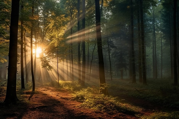 Sunbeams in the dark forest Deep forest tree