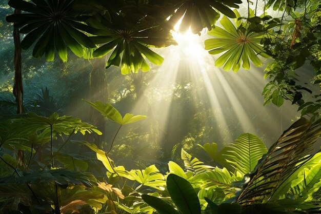 Photo sunbeams filtering through the leaves of a dense jungle