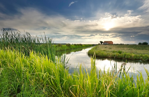 sunbeams over house river and meadow