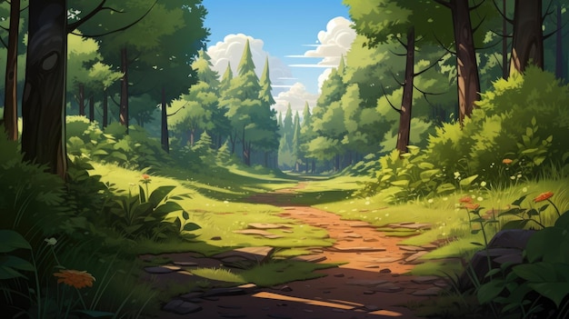 Sunbeams illuminate a forest path illustration generative ai