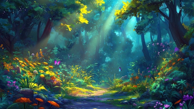 sunbeams illuminate a magical forest path with vibrant flowers and butterflies