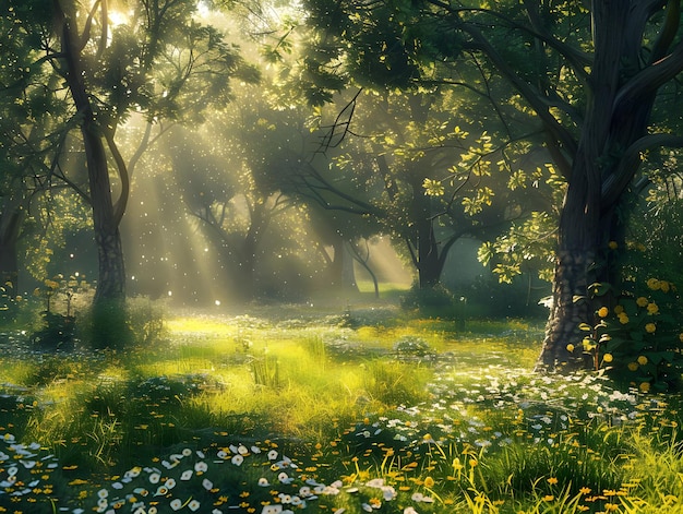 Sunbeams illuminate tranquil grove Ai Generated