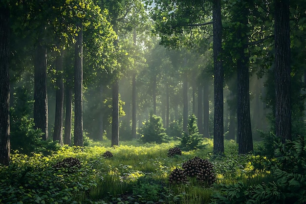 Photo sunbeams in a misty forest illustration