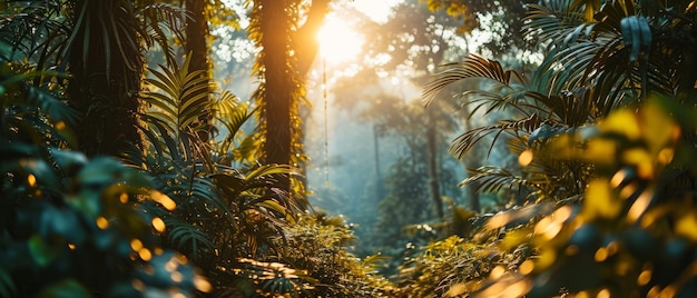 Foto i raggi del sole attraversano il denso fogliame di una lussureggiante giungla tropicale