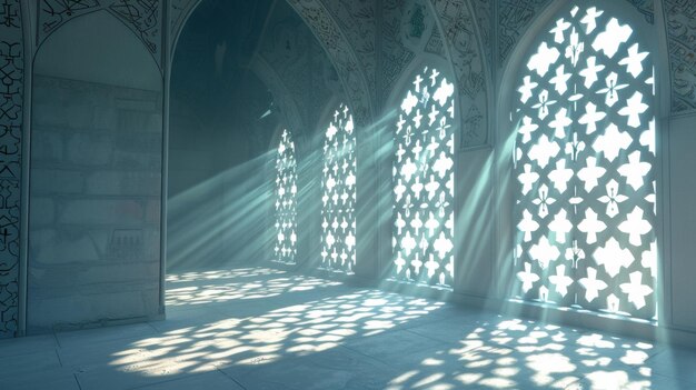 Солнечные лучи проникают сквозь украшенные арабески в спокойном интерьере