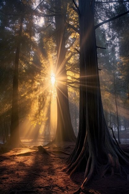 Photo sunbeams shining through tall trees at sunrise created with generative ai