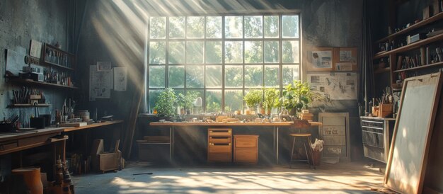 sunbeams stream through a large window in a rustic workshop illuminating a workbench and tools