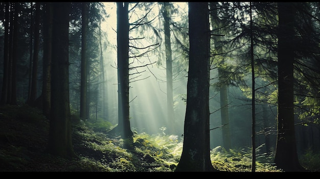 Солнечные лучи проходят через лес