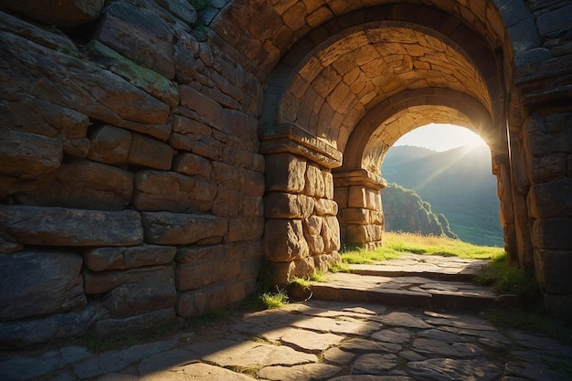 Sunbeams Through Ancient Stone Archway