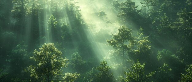 Sunbeams through fog in a dense forest