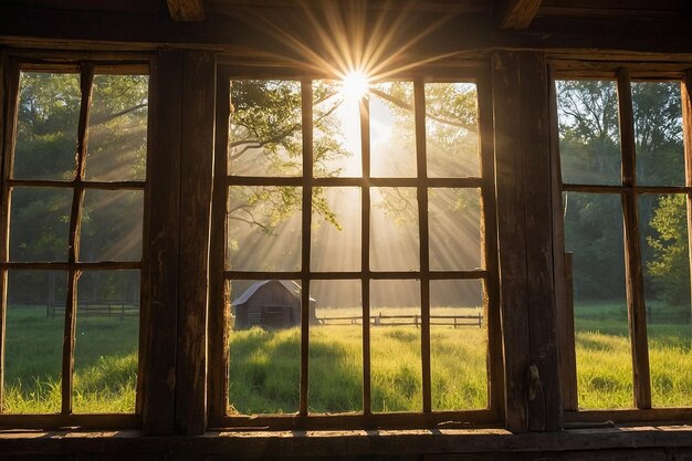 田舎 の 納屋 の 窓 に 照らさ れ て いる 太陽