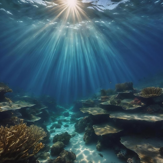 sunbeams underwater photo texture underwater landscape with sun rays blue water sun in the ocean
