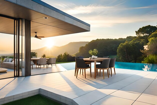 Sunbeds and dining zone near pool in backyard of modern house