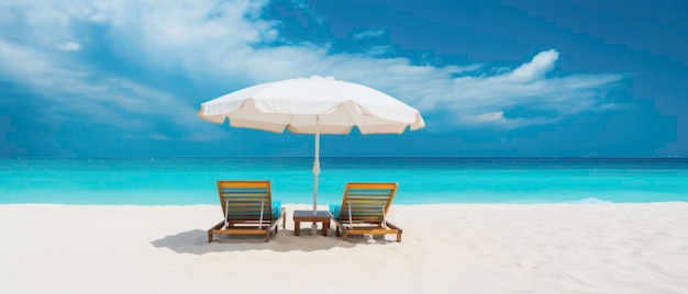 Лежаки с зонтиком и песчаный пляж тропический пляж с белым песком и бирюзовой водой