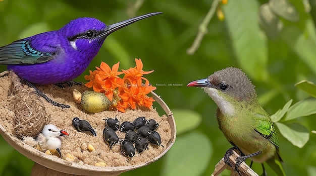 A sunbird Nectarinia jugularis female with a beak full of food carefully feeding her newly hatched