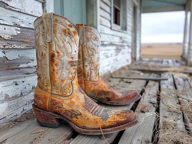 Photo sunbleached cowboy boots resting on a dusty homestead porch the leather blurs with the wood