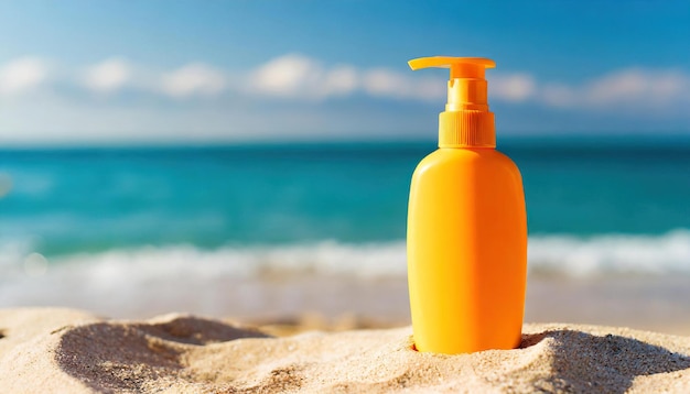 Sunblock bottle on the sand of a beach with beach scenery in the background