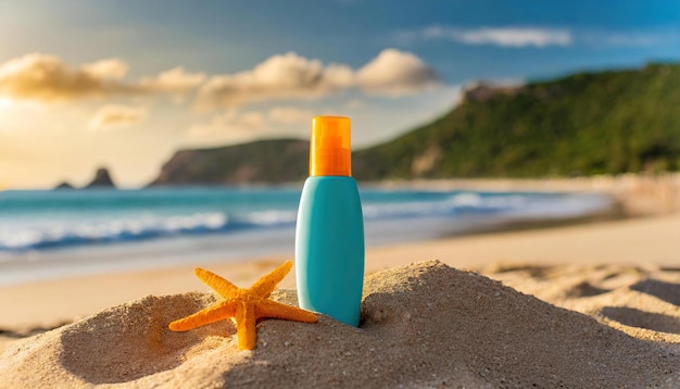 Sunblock bottle on the sand of a beach with beach scenery in the background