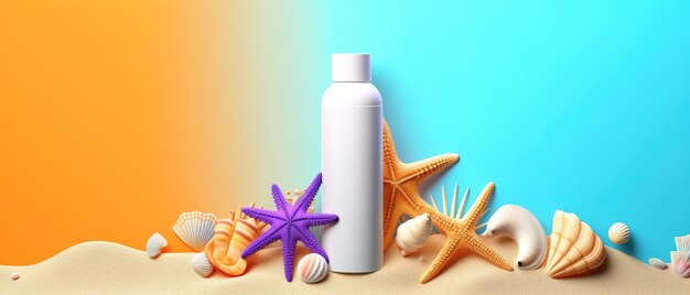 Sunblock bottle starfish and seashells flat lay copy space ai generated