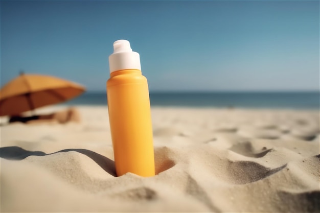 Sunblock lotion bottle on the beach or sunscreen pills can help protect your skin from the sun