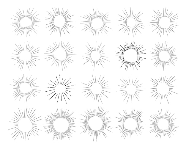 Sunburst decoratieve elementen set Grote collectie zonnestralen in lijnkunst stijl Stock