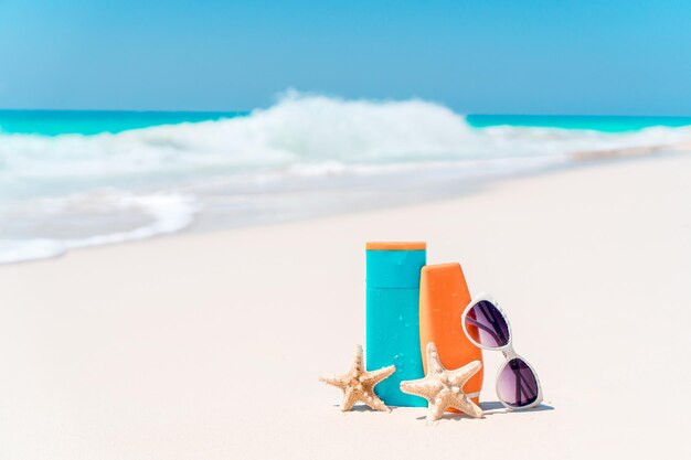 Suncream bottles goggles starfish and sunglasses on white sand beach background ocean