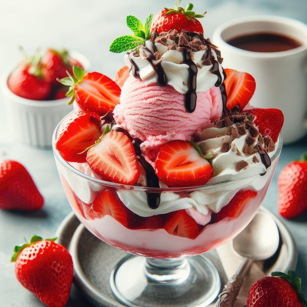 A sundae of strawberry ice cream