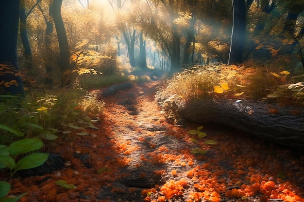 A sundappled forest trail with dappled sunlight filtering through the leaves and the gentle crunch of fallen leaves underfoot