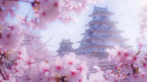 Photo sundappled himeji castle peeks through a delicate veil of blush pink cherry blossoms in full bloom