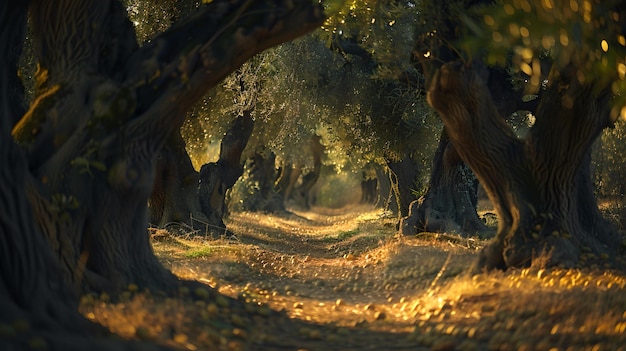 Sundappled path through an olive grove tranquil nature scene ideal for calm backgrounds and peaceful settings AI