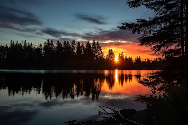 Закат над спокойным озером, окруженным деревьями