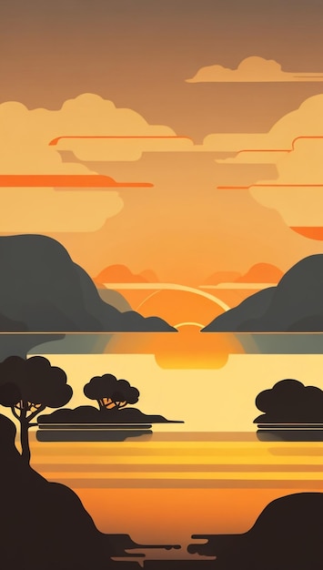 Sundown Serenity Bay Landscape at Sunset in Vector Art Style