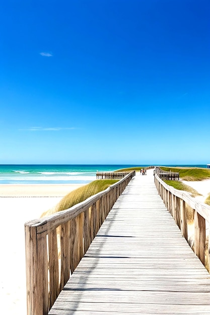 A sundrenched boardwalk stretched along a sandy beach with a bright blue sky aigenerated