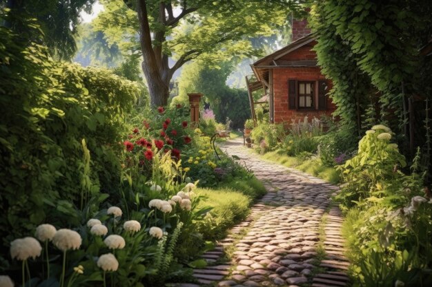 Sundrenched cobblestone path in a lush garden setting created with generative ai