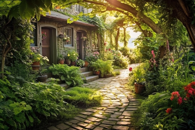 Sundrenched cobblestone path in a lush garden setting created with generative ai