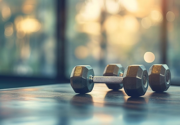 Sundrenched gym atmosphere dumbbells lie on the floor illuminated by natural light creating