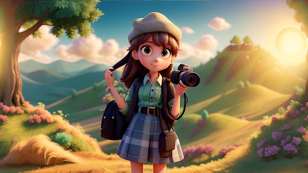SunDrenched Landscape Cartoon Girl Capturing Beauty on World Photography Day