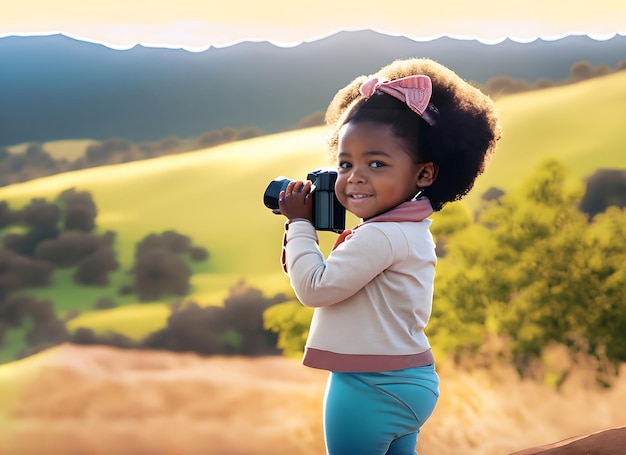 SunDrenched Landscape Cartoon Girl Capturing Beauty on World Photography Day