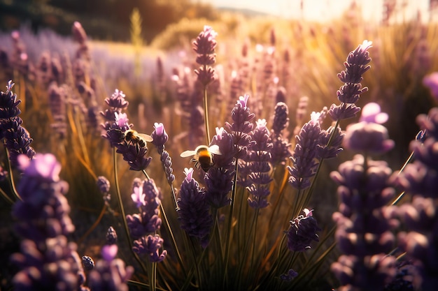 香りのよい紫の花が並び、ミツバチの穏やかなハミングが聞こえる、太陽が降り注ぐラベンダー畑