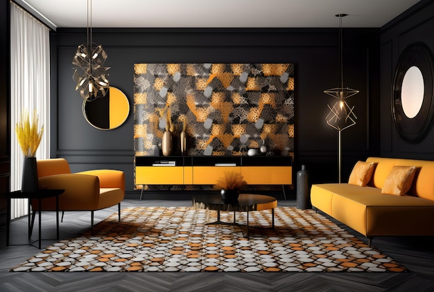 Sundrenched modern life a bold combination of yellow and black in the interior Generative AI