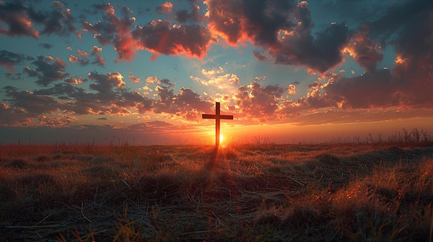 太陽 に 浸かっ て いる 草原 と 荒れ果て た 十字架 の 背景